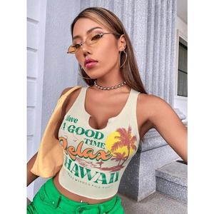 Palm Tree & Slogan Graphic Notched Neck Tank Top (large)